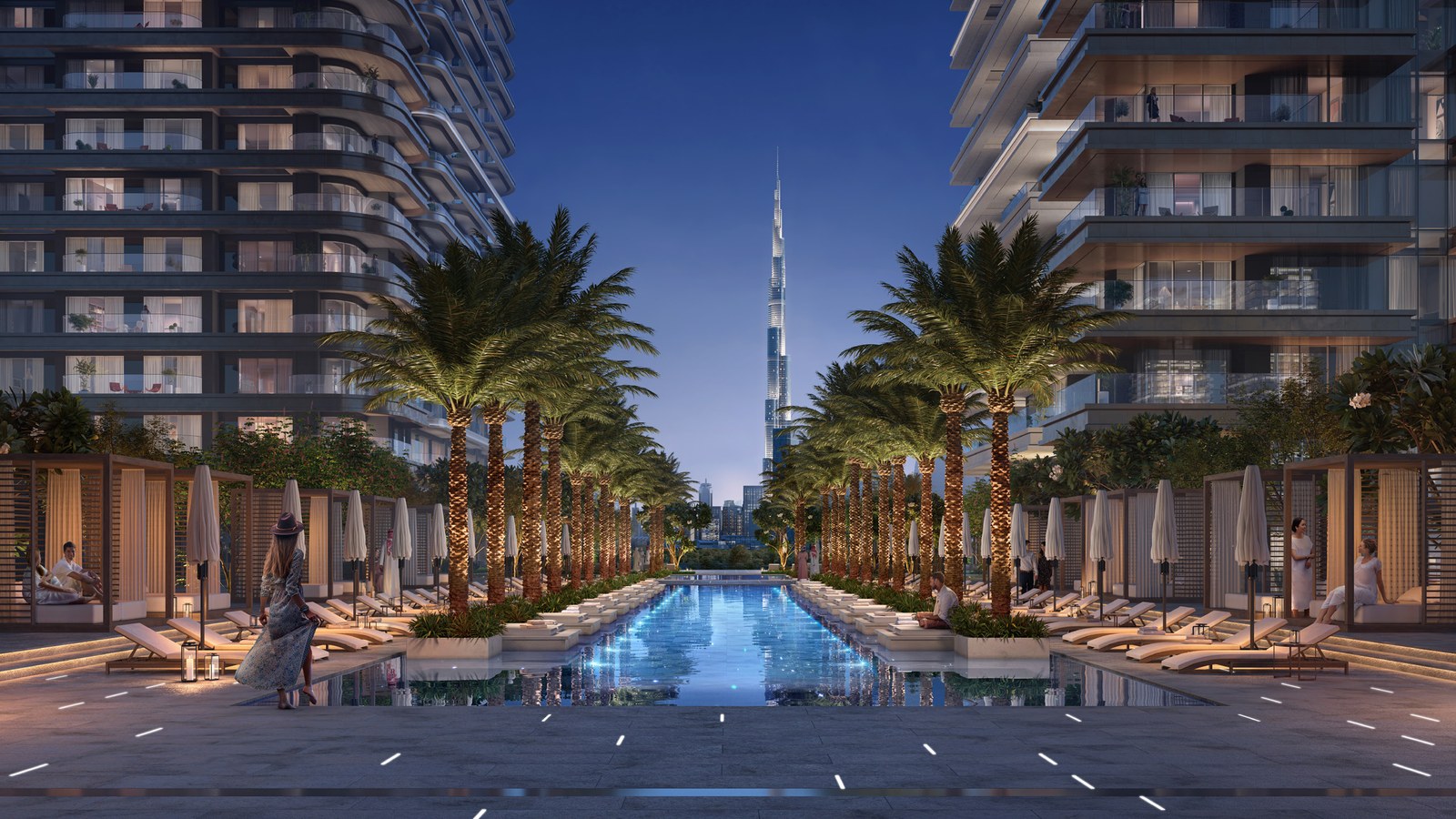 Address Residences Zabeel — palm-lined pool avenue toward Burj Khalifa