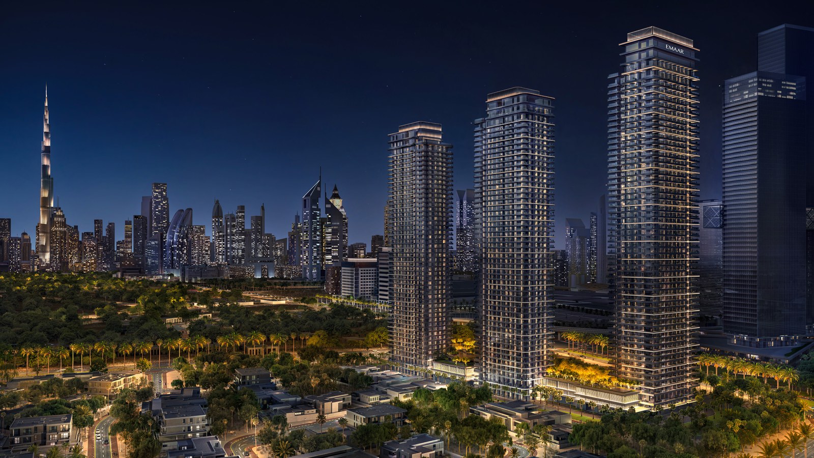 Address Residences Zabeel — towers against the Dubai skyline at night
