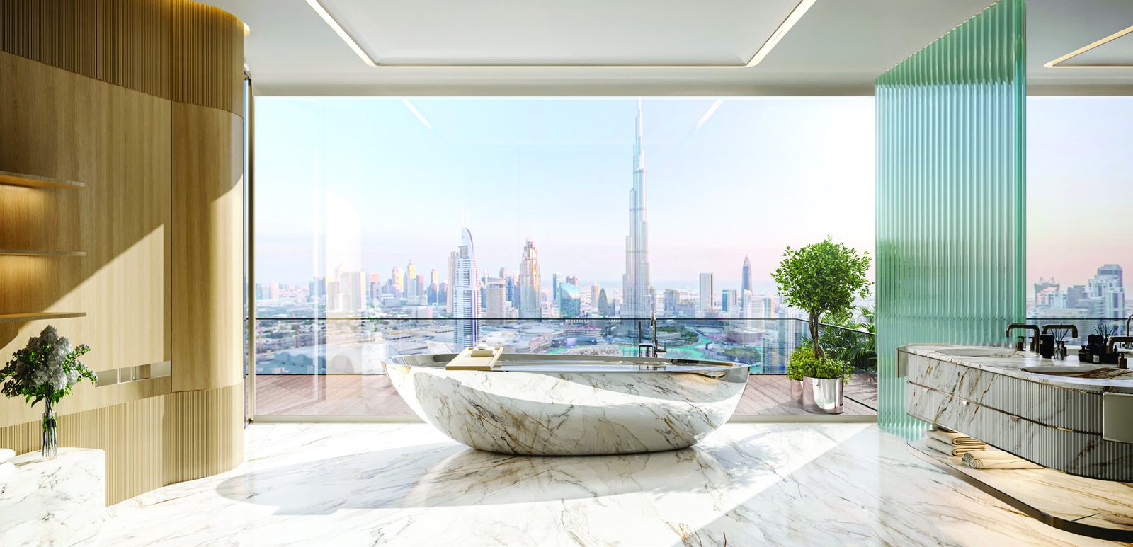 Bugatti Residences — Marble bath · skyline view