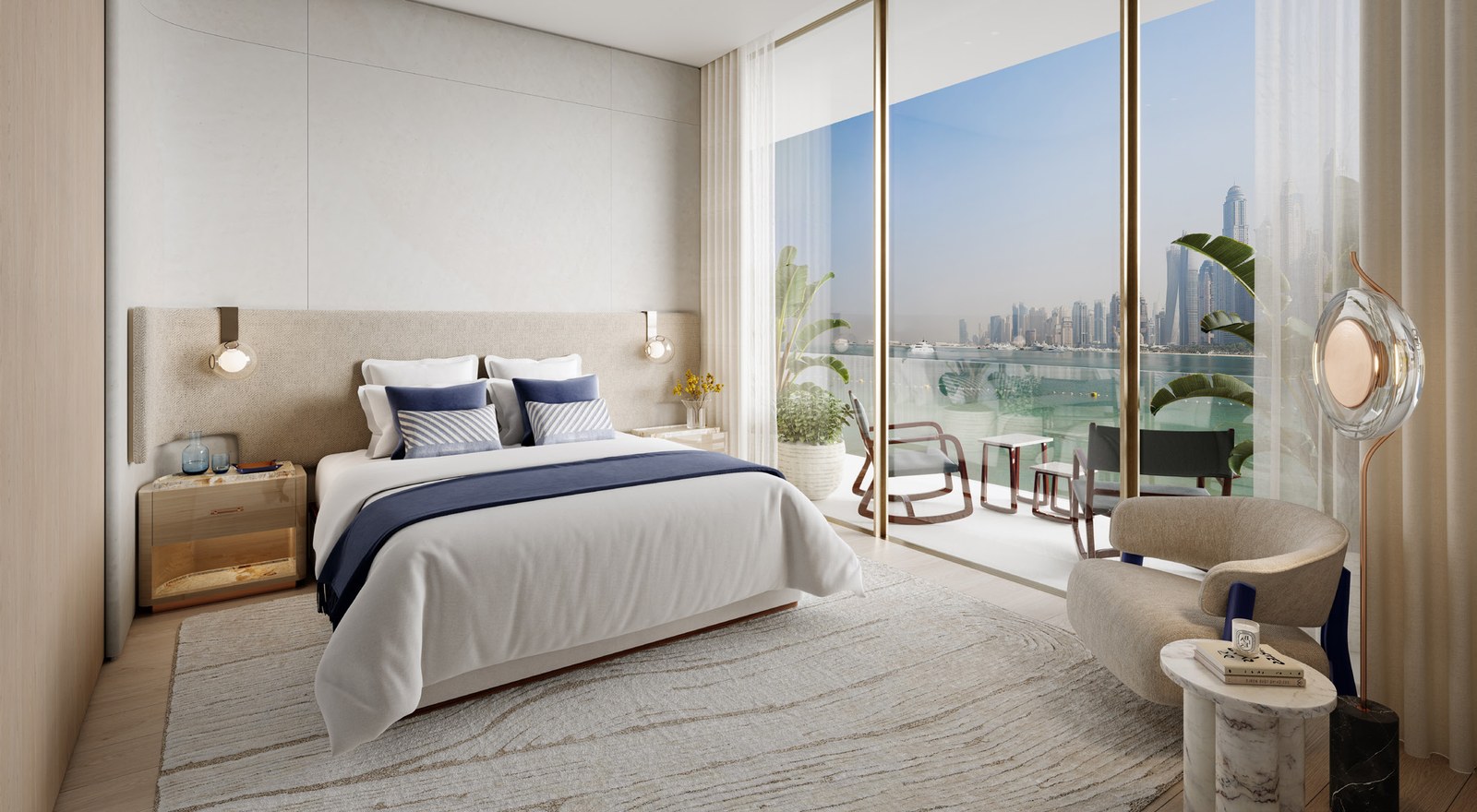 Dubai Harbour Residences — primary bedroom with sea views