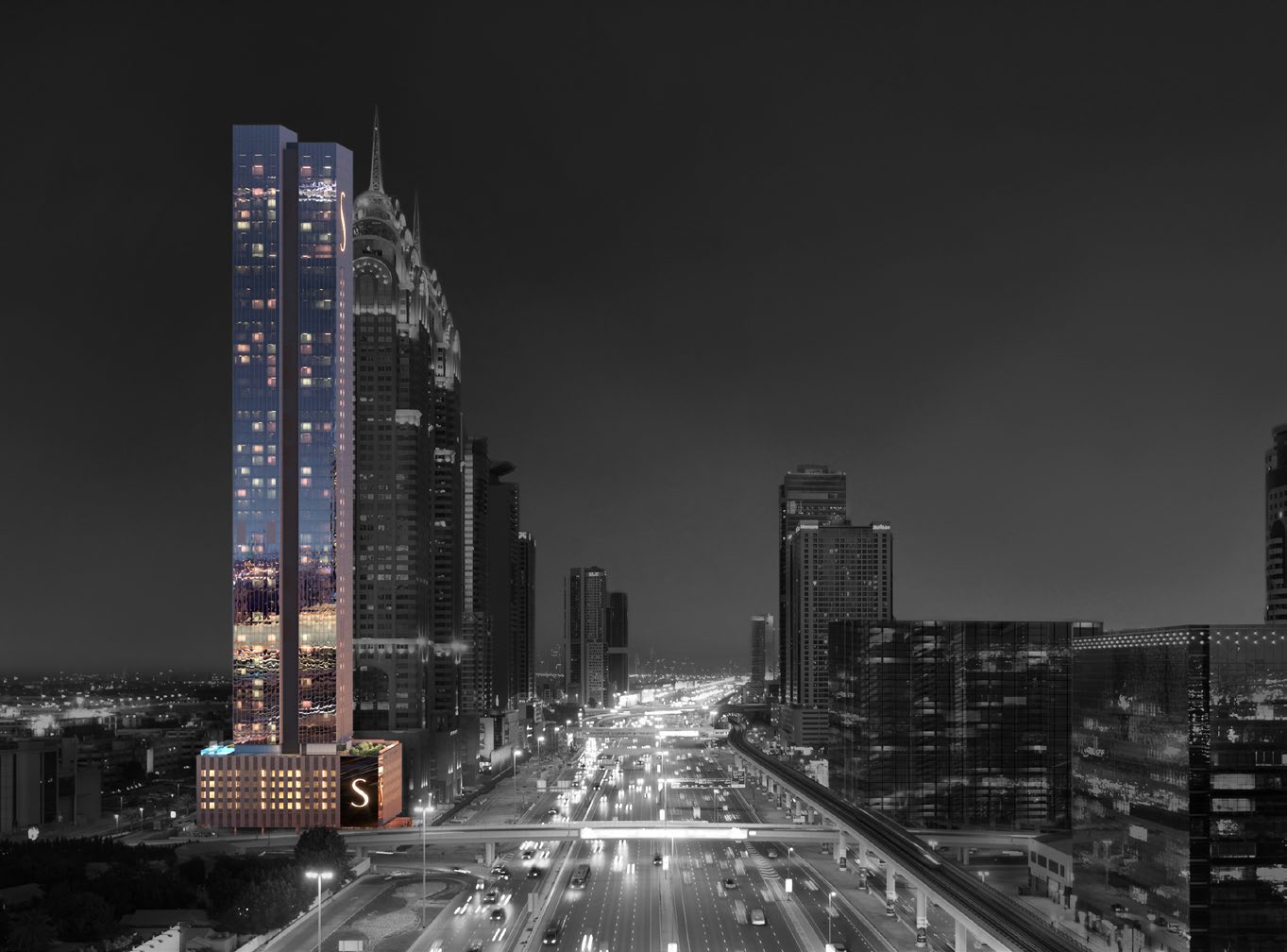 On Sheikh Zayed Road, at night
